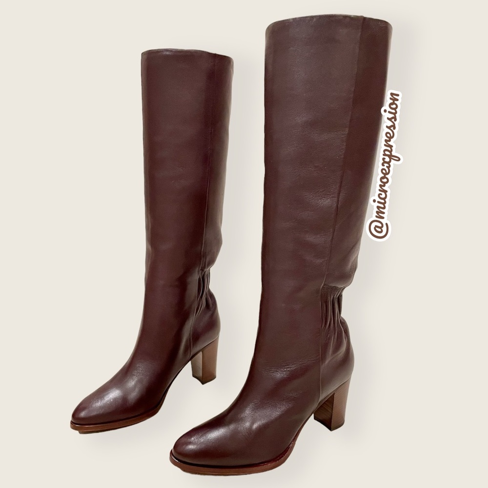 $399 Frye June Slouch Knee High Brown Leather Heeled Pull On Tall Winter Boots - Picture 7 of 16